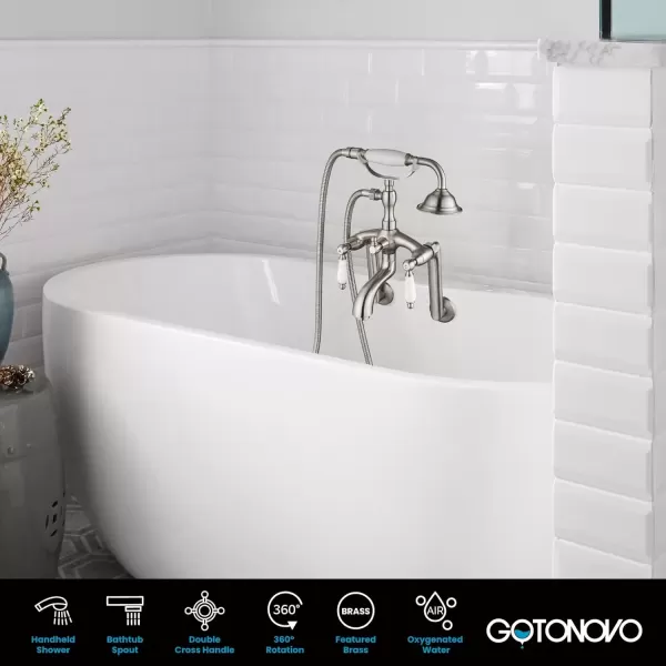 imagegotonovo Clawfoot Bathtub Faucet Oil Rubbed Bronze Wall Mount 18174 Adjustable Center Double Level Handle Shower Faucet System Telephone Shape Sprayer with Lengthen Adapter Adjustable Swing ArmsBrushed Nickel