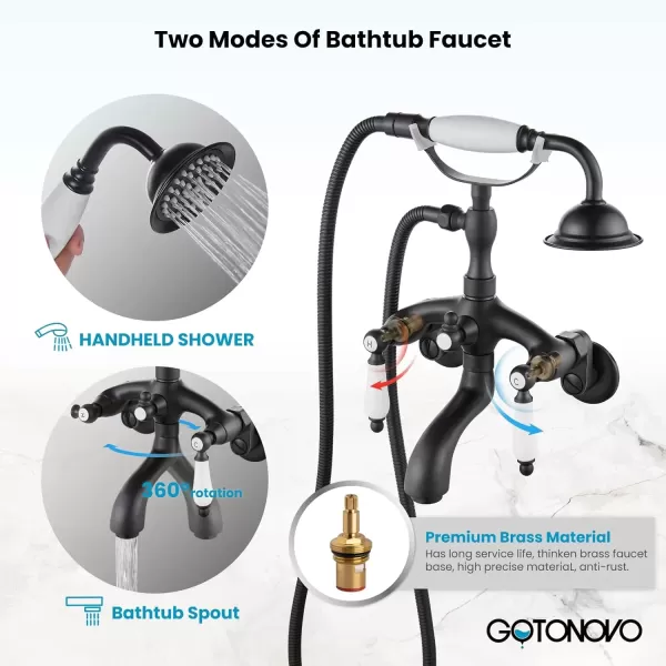 imagegotonovo Clawfoot Bathtub Faucet Oil Rubbed Bronze Wall Mount 18174 Adjustable Center Double Level Handle Shower Faucet System Telephone Shape Sprayer with Lengthen Adapter Adjustable Swing ArmsMatte Black