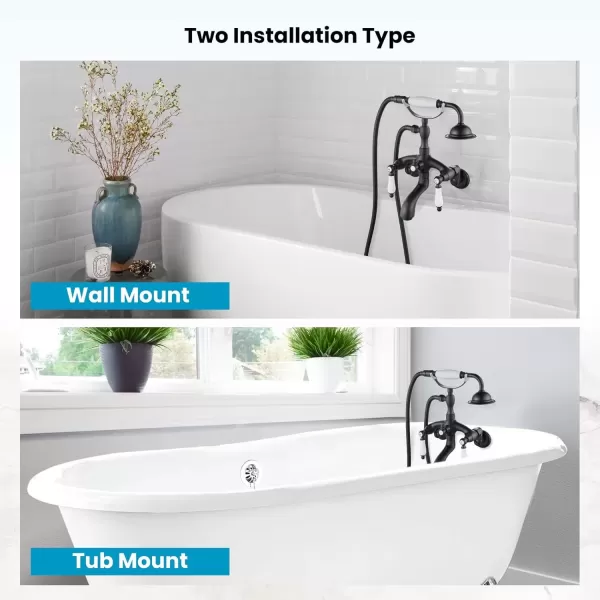 imagegotonovo Clawfoot Bathtub Faucet Oil Rubbed Bronze Wall Mount 18174 Adjustable Center Double Level Handle Shower Faucet System Telephone Shape Sprayer with Lengthen Adapter Adjustable Swing ArmsMatte Black