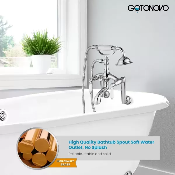 imagegotonovo Clawfoot Bathtub Faucet Oil Rubbed Bronze Wall Mount 18174 Adjustable Center Double Level Handle Shower Faucet System Telephone Shape Sprayer with Lengthen Adapter Adjustable Swing ArmsPolish Chrome
