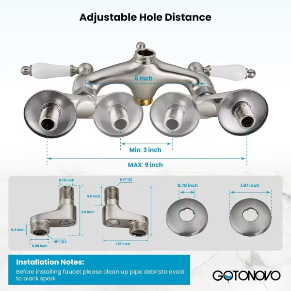 imagegotonovo Clawfoot Bathtub Faucet Oil Rubbed Bronze Wall Mount 18174 Adjustable Center Double Level Handle Shower Faucet System Telephone Shape Sprayer with Lengthen Adapter Adjustable Swing ArmsBrushed Nickel