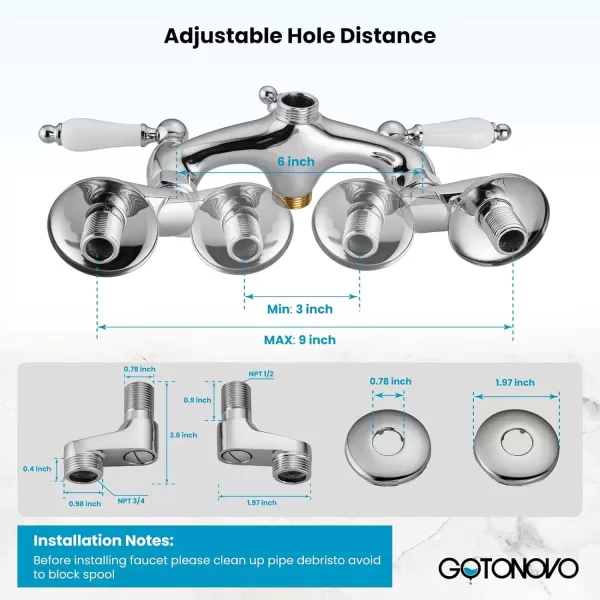 imagegotonovo Clawfoot Bathtub Faucet Oil Rubbed Bronze Wall Mount 18174 Adjustable Center Double Level Handle Shower Faucet System Telephone Shape Sprayer with Lengthen Adapter Adjustable Swing ArmsPolish Chrome