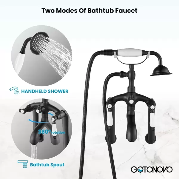 imagegotonovo Clawfoot Bathtub Faucet Oil Rubbed Bronze Wall Mount 18174 Adjustable Center Double Level Handle Shower Faucet System Telephone Shape Sprayer with Lengthen Adapter Adjustable Swing ArmsMatte Black