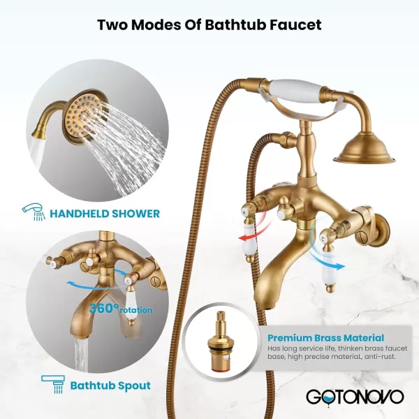 imagegotonovo Clawfoot Bathtub Faucet Oil Rubbed Bronze Wall Mount 18174 Adjustable Center Double Level Handle Shower Faucet System Telephone Shape Sprayer with Lengthen Adapter Adjustable Swing ArmsAntique Brass