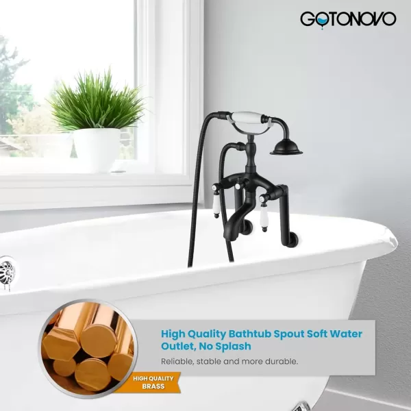 imagegotonovo Clawfoot Bathtub Faucet Oil Rubbed Bronze Wall Mount 18174 Adjustable Center Double Level Handle Shower Faucet System Telephone Shape Sprayer with Lengthen Adapter Adjustable Swing ArmsMatte Black