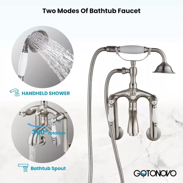 imagegotonovo Clawfoot Bathtub Faucet Oil Rubbed Bronze Wall Mount 18174 Adjustable Center Double Level Handle Shower Faucet System Telephone Shape Sprayer with Lengthen Adapter Adjustable Swing ArmsBrushed Nickel