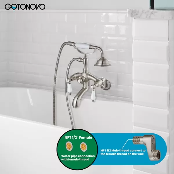 imagegotonovo Clawfoot Bathtub Faucet Oil Rubbed Bronze Wall Mount 18174 Adjustable Center Double Level Handle Shower Faucet System Telephone Shape Sprayer with Lengthen Adapter Adjustable Swing ArmsBrushed Nickel