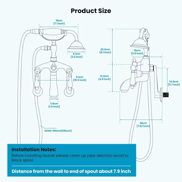 imagegotonovo Clawfoot Bathtub Faucet Oil Rubbed Bronze Wall Mount 18174 Adjustable Center Double Level Handle Shower Faucet System Telephone Shape Sprayer with Lengthen Adapter Adjustable Swing ArmsPolish Chrome