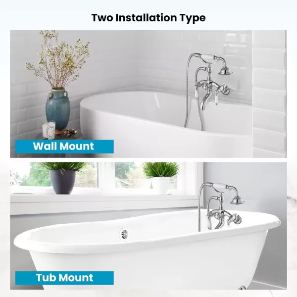 imagegotonovo Clawfoot Bathtub Faucet Oil Rubbed Bronze Wall Mount 18174 Adjustable Center Double Level Handle Shower Faucet System Telephone Shape Sprayer with Lengthen Adapter Adjustable Swing ArmsPolish Chrome