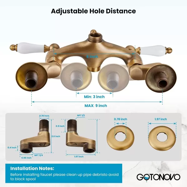 imagegotonovo Clawfoot Bathtub Faucet Oil Rubbed Bronze Wall Mount 18174 Adjustable Center Double Level Handle Shower Faucet System Telephone Shape Sprayer with Lengthen Adapter Adjustable Swing ArmsAntique Brass
