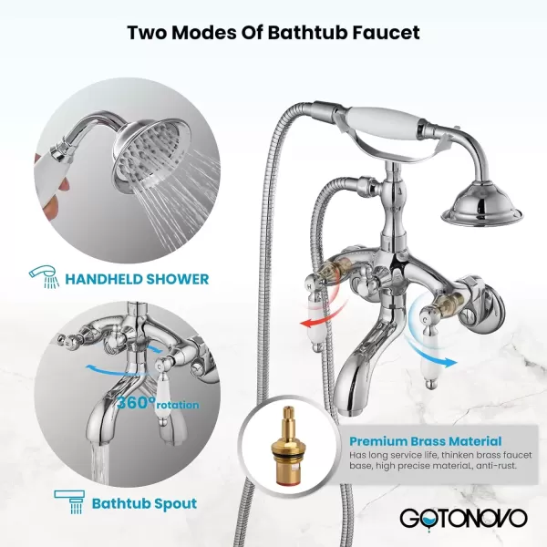 imagegotonovo Clawfoot Bathtub Faucet Oil Rubbed Bronze Wall Mount 18174 Adjustable Center Double Level Handle Shower Faucet System Telephone Shape Sprayer with Lengthen Adapter Adjustable Swing ArmsPolish Chrome