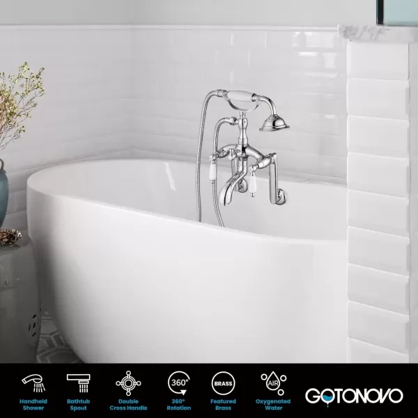 imagegotonovo Clawfoot Bathtub Faucet Oil Rubbed Bronze Wall Mount 18174 Adjustable Center Double Level Handle Shower Faucet System Telephone Shape Sprayer with Lengthen Adapter Adjustable Swing ArmsPolish Chrome