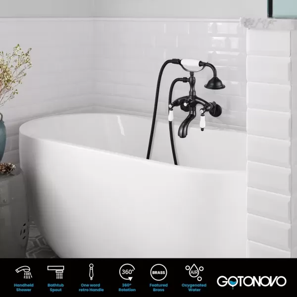 imagegotonovo Clawfoot Bathtub Faucet Oil Rubbed Bronze Wall Mount 18174 Adjustable Center Double Level Handle Shower Faucet System Telephone Shape Sprayer with Lengthen Adapter Adjustable Swing ArmsOil Rubbed Bronze