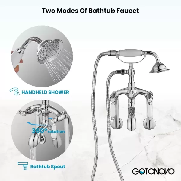 imagegotonovo Clawfoot Bathtub Faucet Oil Rubbed Bronze Wall Mount 18174 Adjustable Center Double Level Handle Shower Faucet System Telephone Shape Sprayer with Lengthen Adapter Adjustable Swing ArmsPolish Chrome