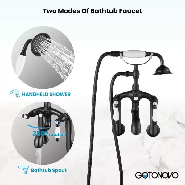 imagegotonovo Clawfoot Bathtub Faucet Oil Rubbed Bronze Wall Mount 18174 Adjustable Center Double Level Handle Shower Faucet System Telephone Shape Sprayer with Lengthen Adapter Adjustable Swing ArmsOil Rubbed Bronze