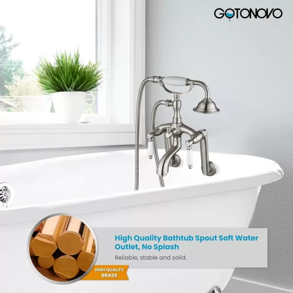 imagegotonovo Clawfoot Bathtub Faucet Oil Rubbed Bronze Wall Mount 18174 Adjustable Center Double Level Handle Shower Faucet System Telephone Shape Sprayer with Lengthen Adapter Adjustable Swing ArmsBrushed Nickel