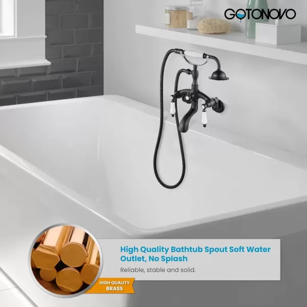 imagegotonovo Clawfoot Bathtub Faucet Oil Rubbed Bronze Wall Mount 18174 Adjustable Center Double Level Handle Shower Faucet System Telephone Shape Sprayer with Lengthen Adapter Adjustable Swing ArmsMatte Black