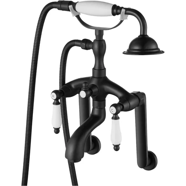 imagegotonovo Clawfoot Bathtub Faucet Oil Rubbed Bronze Wall Mount 18174 Adjustable Center Double Level Handle Shower Faucet System Telephone Shape Sprayer with Lengthen Adapter Adjustable Swing ArmsMatte Black
