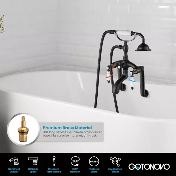 imagegotonovo Clawfoot Bathtub Faucet Oil Rubbed Bronze Wall Mount 18174 Adjustable Center Double Level Handle Shower Faucet System Telephone Shape Sprayer with Lengthen Adapter Adjustable Swing ArmsMatte Black