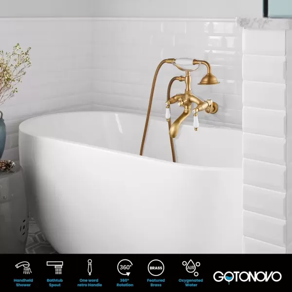 imagegotonovo Clawfoot Bathtub Faucet Oil Rubbed Bronze Wall Mount 18174 Adjustable Center Double Level Handle Shower Faucet System Telephone Shape Sprayer with Lengthen Adapter Adjustable Swing ArmsAntique Brass