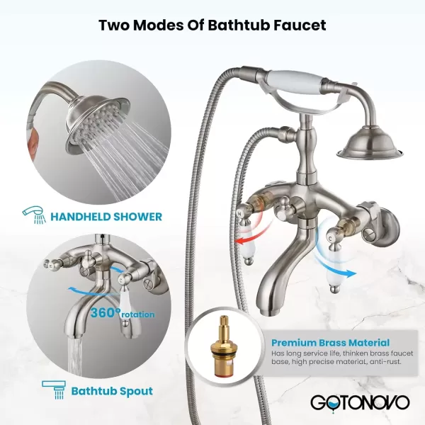 imagegotonovo Clawfoot Bathtub Faucet Oil Rubbed Bronze Wall Mount 18174 Adjustable Center Double Level Handle Shower Faucet System Telephone Shape Sprayer with Lengthen Adapter Adjustable Swing ArmsBrushed Nickel