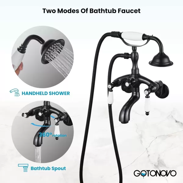imagegotonovo Clawfoot Bathtub Faucet Oil Rubbed Bronze Wall Mount 18174 Adjustable Center Double Level Handle Shower Faucet System Telephone Shape Sprayer with Lengthen Adapter Adjustable Swing ArmsOil Rubbed Bronze