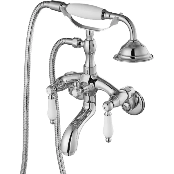 imagegotonovo Clawfoot Bathtub Faucet Oil Rubbed Bronze Wall Mount 18174 Adjustable Center Double Level Handle Shower Faucet System Telephone Shape Sprayer with Lengthen Adapter Adjustable Swing ArmsPolish Chrome