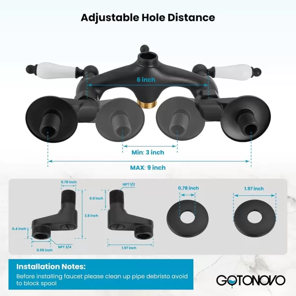imagegotonovo Clawfoot Bathtub Faucet Oil Rubbed Bronze Wall Mount 18174 Adjustable Center Double Level Handle Shower Faucet System Telephone Shape Sprayer with Lengthen Adapter Adjustable Swing ArmsMatte Black