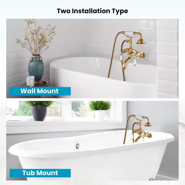 imagegotonovo Clawfoot Bathtub Faucet Oil Rubbed Bronze Wall Mount 18174 Adjustable Center Double Level Handle Shower Faucet System Telephone Shape Sprayer with Lengthen Adapter Adjustable Swing ArmsAntique Brass