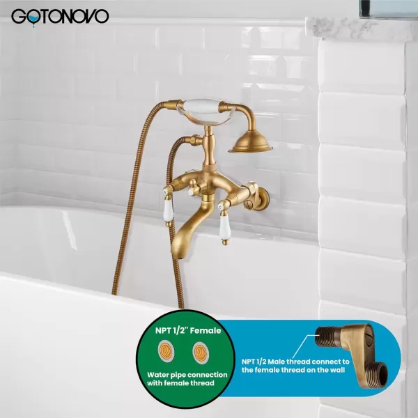 imagegotonovo Clawfoot Bathtub Faucet Oil Rubbed Bronze Wall Mount 18174 Adjustable Center Double Level Handle Shower Faucet System Telephone Shape Sprayer with Lengthen Adapter Adjustable Swing ArmsAntique Brass