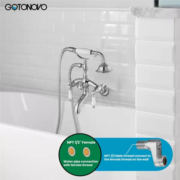 imagegotonovo Clawfoot Bathtub Faucet Oil Rubbed Bronze Wall Mount 18174 Adjustable Center Double Level Handle Shower Faucet System Telephone Shape Sprayer with Lengthen Adapter Adjustable Swing ArmsPolish Chrome