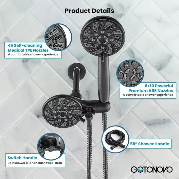 imagegotonovo Dual 2 in 1 Shower Head Kit High Pressure Combo System Shower Faucet 6 Modes ABS Handheld Spray Shower Trim Kit with Valve Shower Head and Handle Set Oil Rubbed BronzeOil Rubbed Bronze