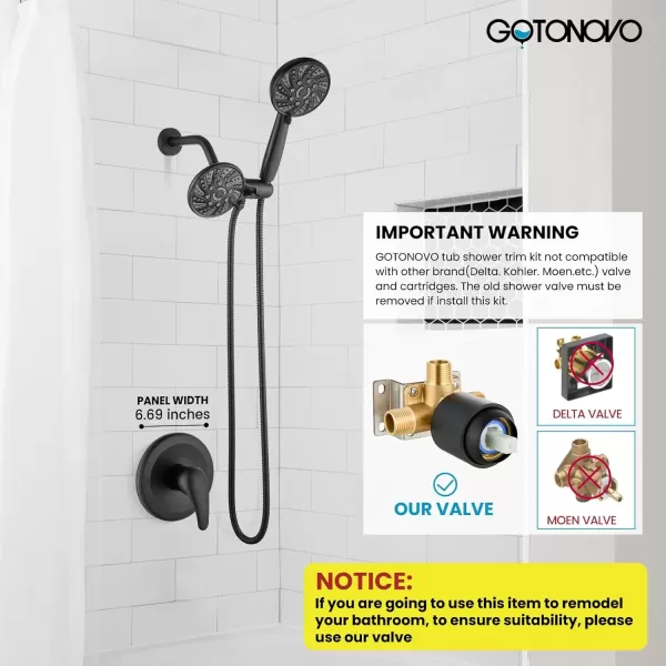 imagegotonovo Dual 2 in 1 Shower Head Kit High Pressure Combo System Shower Faucet 6 Modes ABS Handheld Spray Shower Trim Kit with Valve Shower Head and Handle Set Oil Rubbed BronzeMatte Black