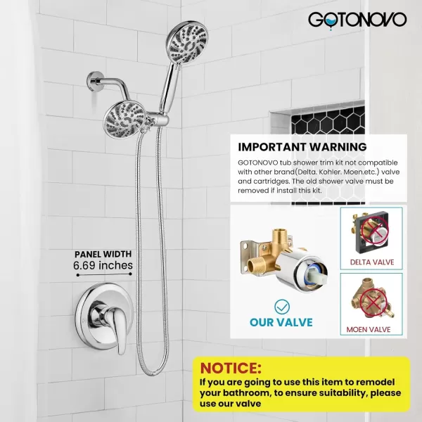 imagegotonovo Dual 2 in 1 Shower Head Kit High Pressure Combo System Shower Faucet 6 Modes ABS Handheld Spray Shower Trim Kit with Valve Shower Head and Handle Set Oil Rubbed BronzePolished Chrome