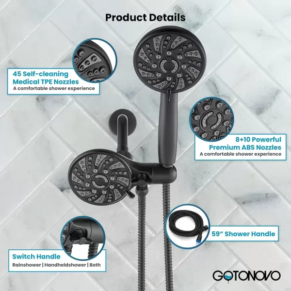 imagegotonovo Dual 2 in 1 Shower Head Kit High Pressure Combo System Shower Faucet 6 Modes ABS Handheld Spray Shower Trim Kit with Valve Shower Head and Handle Set Oil Rubbed BronzeMatte Black