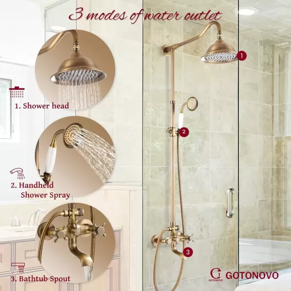 imagegotonovo Exposed Antique Brass Shower System Set Shower Faucet Fixture 8 Rain Shower 2 Double Knobs Handle Triple Function Tub Spout Combo Unit SetAntique Brass