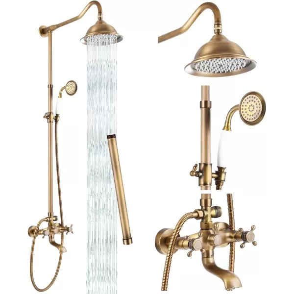 imagegotonovo Exposed Antique Brass Shower System Set Shower Faucet Fixture 8 Rain Shower 2 Double Knobs Handle Triple Function Tub Spout Combo Unit SetAntique Brass