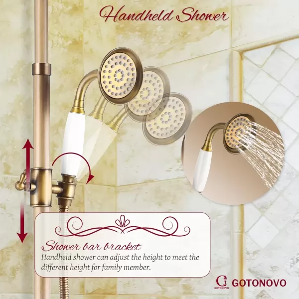 imagegotonovo Exposed Antique Brass Shower System Set Shower Faucet Fixture 8 Rain Shower 2 Double Knobs Handle Triple Function Tub Spout Combo Unit SetAntique Brass
