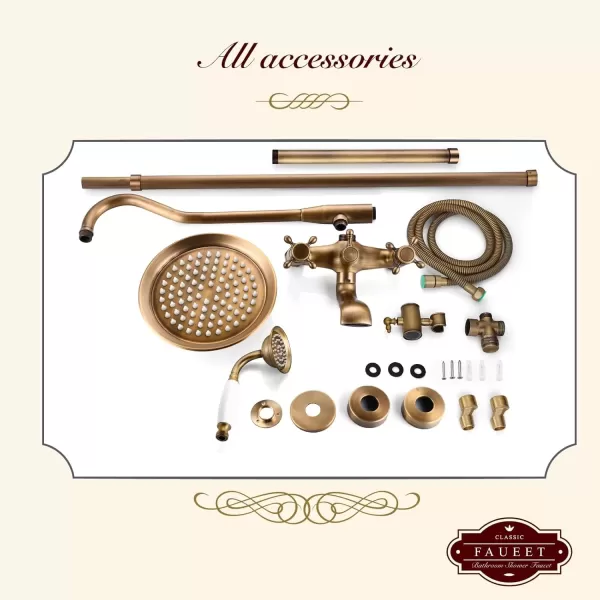 imagegotonovo Exposed Antique Brass Shower System Set Shower Faucet Fixture 8 Rain Shower 2 Double Knobs Handle Triple Function Tub Spout Combo Unit SetAntique Brass