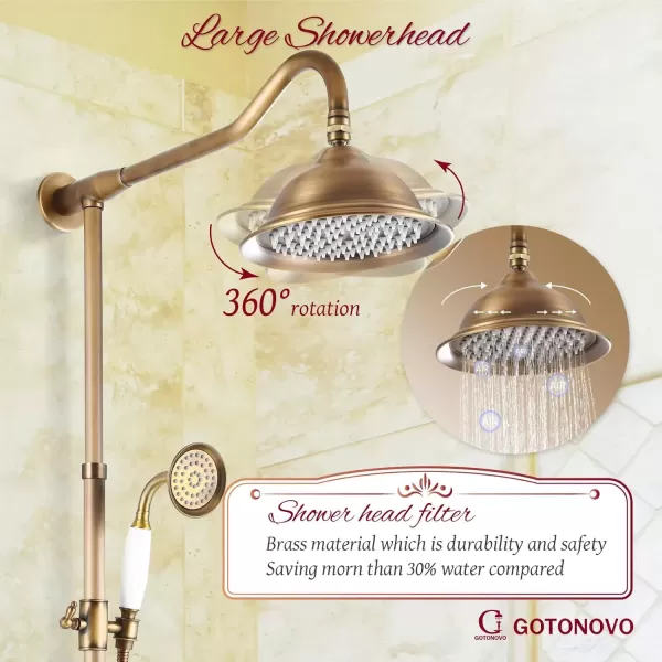 imagegotonovo Exposed Antique Brass Shower System Set Shower Faucet Fixture 8 Rain Shower 2 Double Knobs Handle Triple Function Tub Spout Combo Unit SetAntique Brass