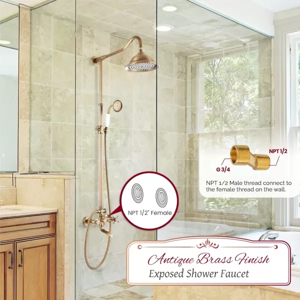 imagegotonovo Exposed Antique Brass Shower System Set Shower Faucet Fixture 8 Rain Shower 2 Double Knobs Handle Triple Function Tub Spout Combo Unit SetAntique Brass