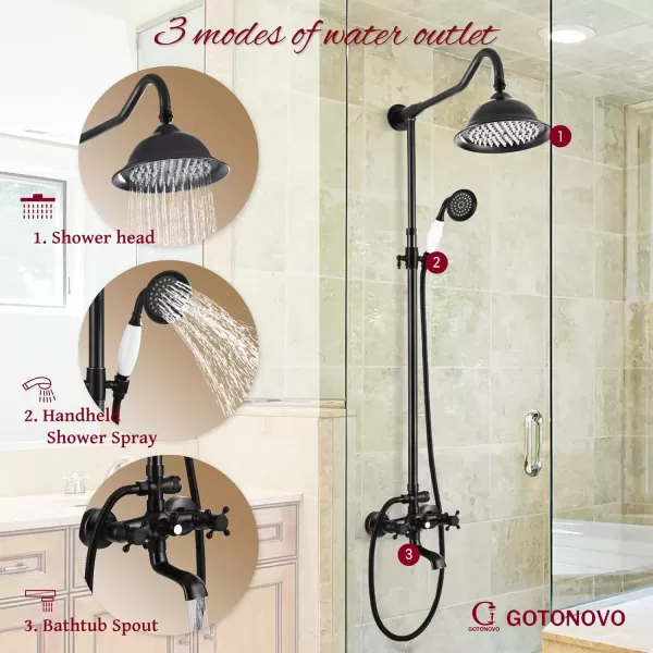 imagegotonovo Exposed Antique Brass Shower System Set Shower Faucet Fixture 8 Rain Shower 2 Double Knobs Handle Triple Function Tub Spout Combo Unit SetOil Rubbed Bronze