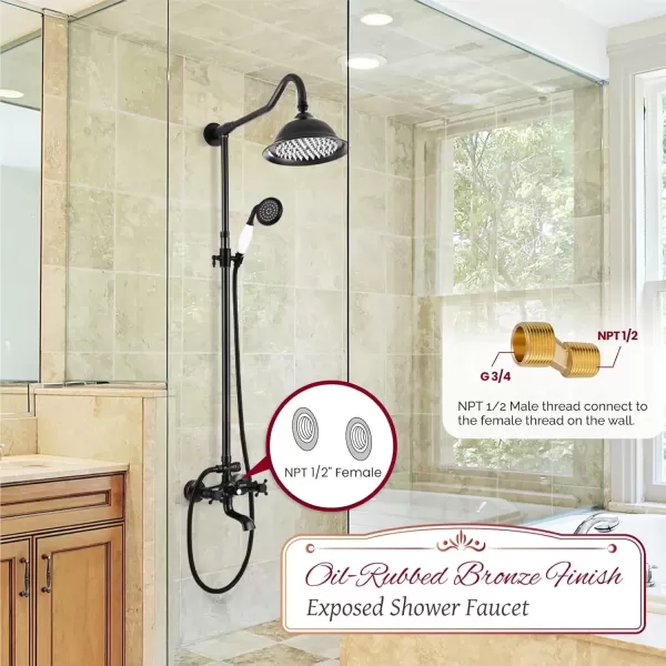 imagegotonovo Exposed Antique Brass Shower System Set Shower Faucet Fixture 8 Rain Shower 2 Double Knobs Handle Triple Function Tub Spout Combo Unit SetOil Rubbed Bronze