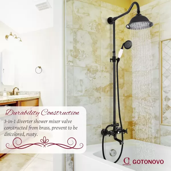 imagegotonovo Exposed Antique Brass Shower System Set Shower Faucet Fixture 8 Rain Shower 2 Double Knobs Handle Triple Function Tub Spout Combo Unit SetOil Rubbed Bronze