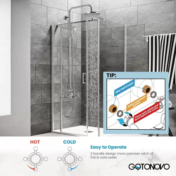 imagegotonovo Exposed Bathroom Shower Faucet Set Shower Fixture 8 Inch Rainfall Shower Head Handheld Shower Cross Handle Wall Mount 2 Functions Polished GoldPolished Chrome