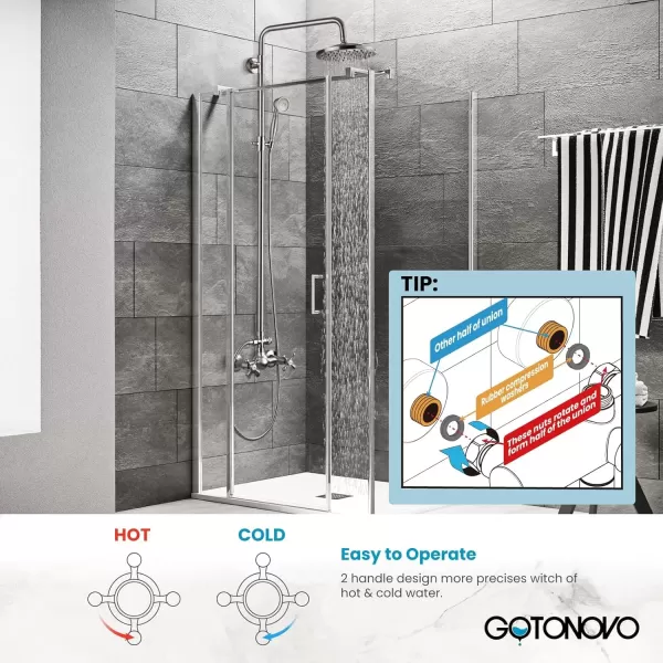 imagegotonovo Exposed Bathroom Shower Faucet Set Shower Fixture 8 Inch Rainfall Shower Head Handheld Shower Cross Handle Wall Mount 2 Functions Polished GoldBrushed Nickel
