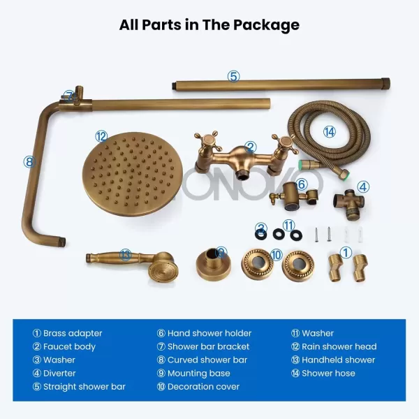 imagegotonovo Exposed Bathroom Shower Faucet Set Shower Fixture 8 Inch Rainfall Shower Head Handheld Shower Cross Handle Wall Mount 2 Functions Polished GoldAntique Brass