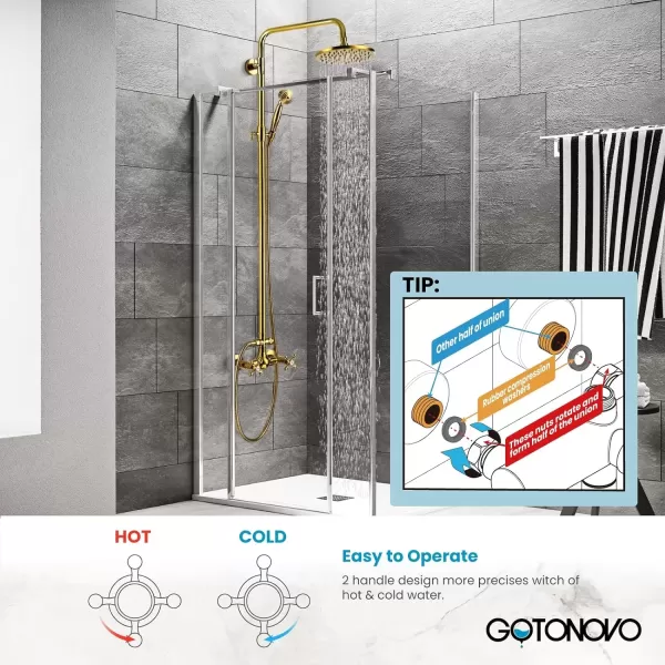 imagegotonovo Exposed Bathroom Shower Faucet Set Shower Fixture 8 Inch Rainfall Shower Head Handheld Shower Cross Handle Wall Mount 2 Functions Polished GoldPolished Gold