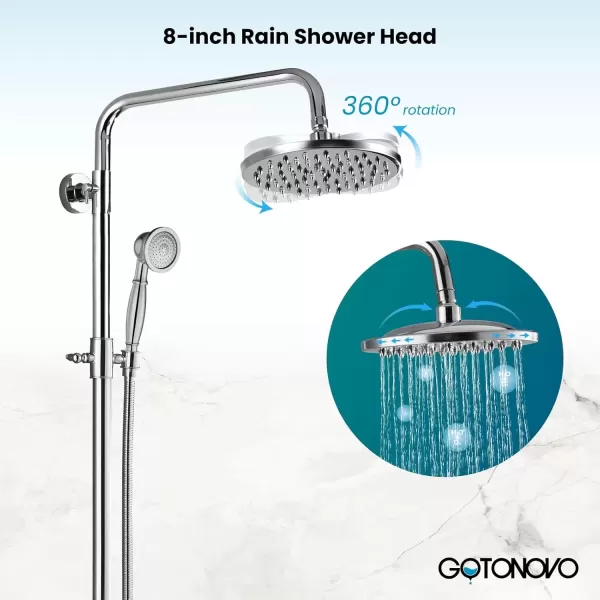 imagegotonovo Exposed Bathroom Shower Faucet Set Shower Fixture 8 Inch Rainfall Shower Head Handheld Shower Cross Handle Wall Mount 2 Functions Polished GoldPolished Chrome