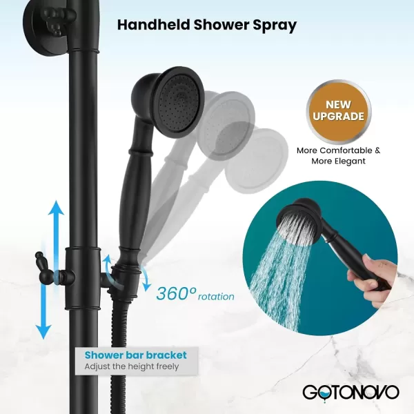 imagegotonovo Exposed Bathroom Shower Faucet Set Shower Fixture 8 Inch Rainfall Shower Head Handheld Shower Cross Handle Wall Mount 2 Functions Polished GoldMatte Black